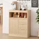 Coffee Bar Cabinet with Storage, Fluted Buffet Sideboard Cabinet with 3 Drawers & Adjustable Shelf, Rounded Edge Modern Storage Cabinet for Dining Room, Kitchen, Living Room, Entryway, Oak
