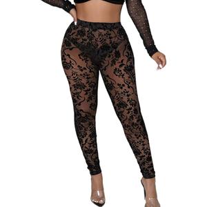 Sheer Mesh Leggings for Women See Through Floral Long Pants Tights Pantihose Black XL