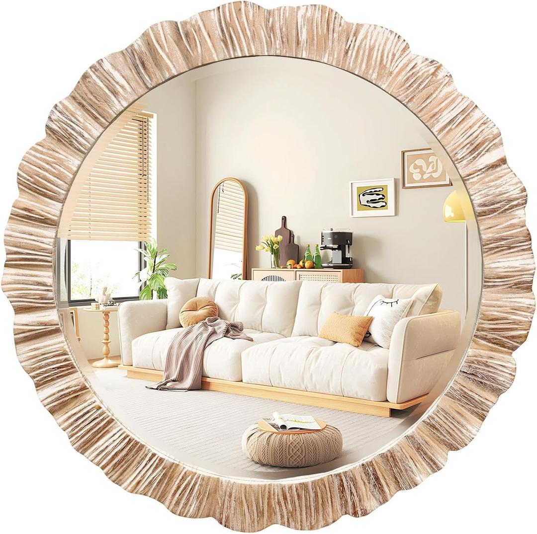 35" Wood Round Mirror, Rustic Wall Mirror with Thick Frame, Large Round Mirrors for Wall Decor, Wooden Circle Beveled Mirrors for Entryway, Farmhouse, Washed White