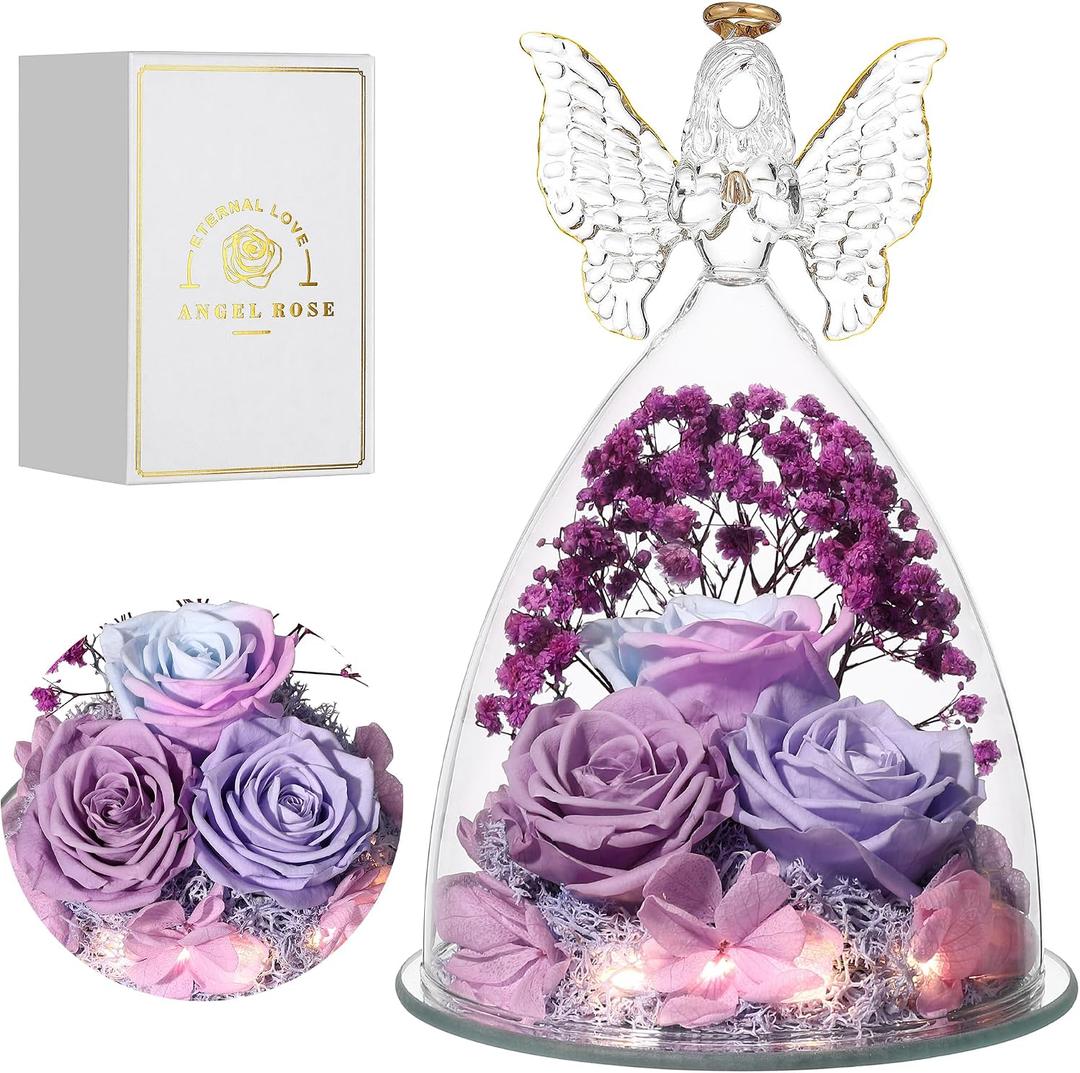 Mothers Day Rose Gifts for Women Preserved Real Flower in Glass Angel Figurines Roses for Delivery Prime Birthday Gifts for Mom Grandma Girlfriend Wife Her, Multi Purple