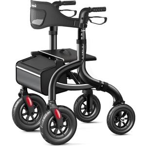 Walkers for Seniors, Rollator Walker with Seat and Backrest, 10" Big Wheels All Terrain, Rolling Walker Foldable Supports 350lb, Lightweight & Height Adjustable, Cane & Cup Holder, Black