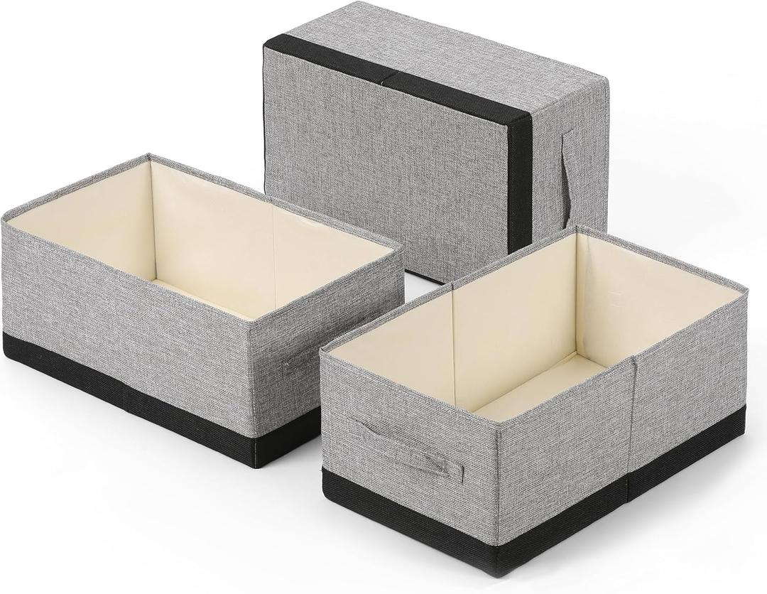 Linen Folding Storage Bins, 3 Pack Large Storage Baskets, Washable, Clothing Storage Bins with Handle, Closet Organizer for Storage Sweater, Sheets (gray black, 18"x11"x8")