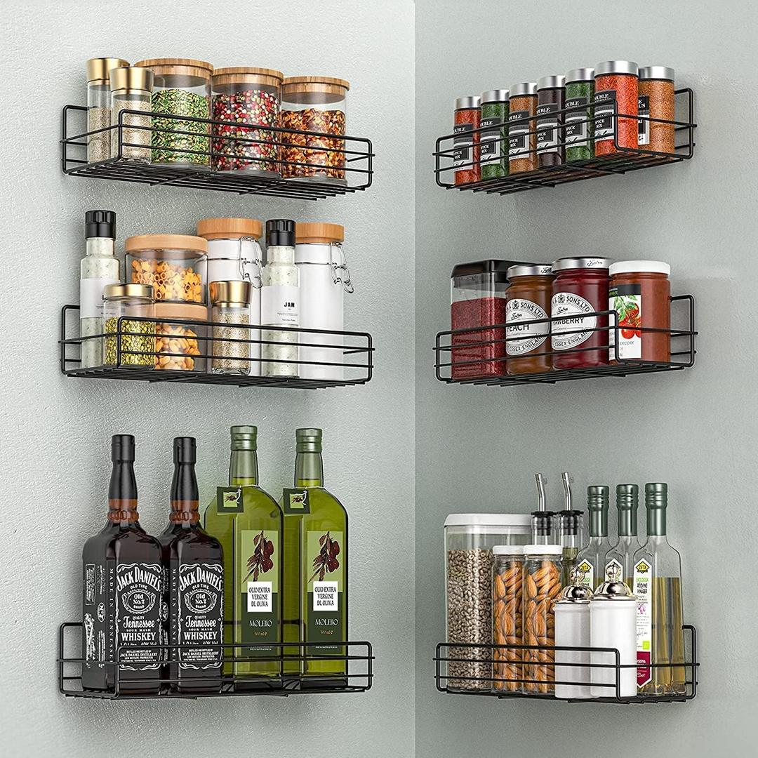 Moforoco Spice Rack Organizer Wall Mount (6 Pack), Hanging Black Spice Pantry Organization Storage Shelf, Farmhouse Seasoning Organizer, Flexible Wall Shelves, Kitchen Essentials Home Decor