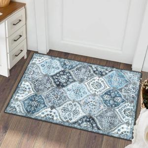 Washable Area Rug Moroccan Trellis Entryway Rug Doormat Stain Resistant Non-Slip Accent Rug Vintage Medallion Distressed Floor Carpet for Front Entrance Kitchen Bathroom, Blue/Grey, 2' x 3'