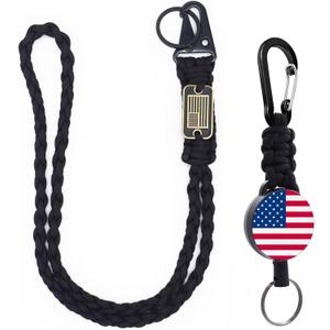 2 Pcs Retractable Keychain, Heavy Duty Badge Holder Reel Braided Paracord Lanyard with USA Flag, Retractable ID Badge Clip Reel & Parachute Rope Necklace Keychains for Work or Traveling