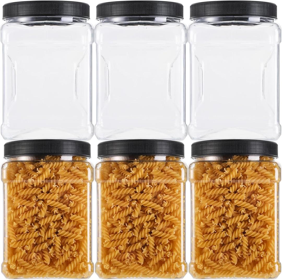Lawei Square Plastic Jars with Lids - Clear Empty Storage Containers for Food Storage, Plastic Food Jars with Easy Grip Handles for Dry Goods Cookies Rice and More (6 Pack 60 Oz)