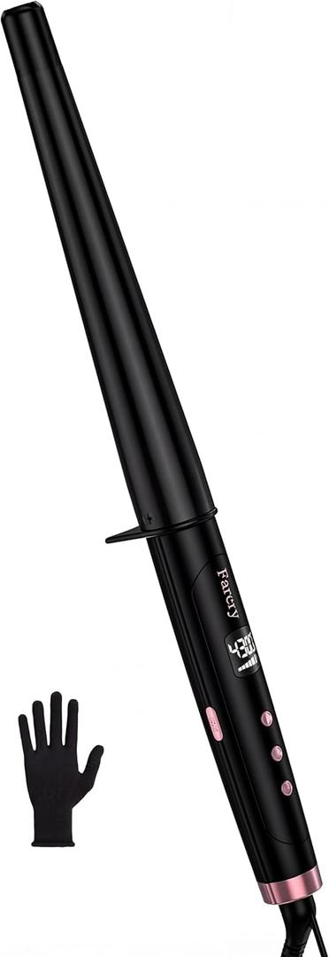 Farery Tapered Curling Wand for Long Hair, 3/4-1 1/4" Conical Curling Wand with 7.3" Extra Long Barrel, Tourmaline Ceramic Curling Iron for Beach Waves & Defined Curls, Dual Voltage, Glove Included