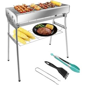 paxlwaaoon Charcoal Grill with Storage Rack Foldable, Large Stainless Steel kabob Grill for Outdoor Cooking Picnic Camping Commercial Use, 27.55" x 28.34" x 12.5"
