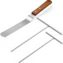 Crepe Spreader and Spatula Kit, Wood Handle Curved Offset Spacula 12",Stainless Steel 7" & 5" T-Shaped Batter Spreaders, Pancake Tool, Crepes Turner Sticks Fit Any Crepe Pan Maker, Pack of 3