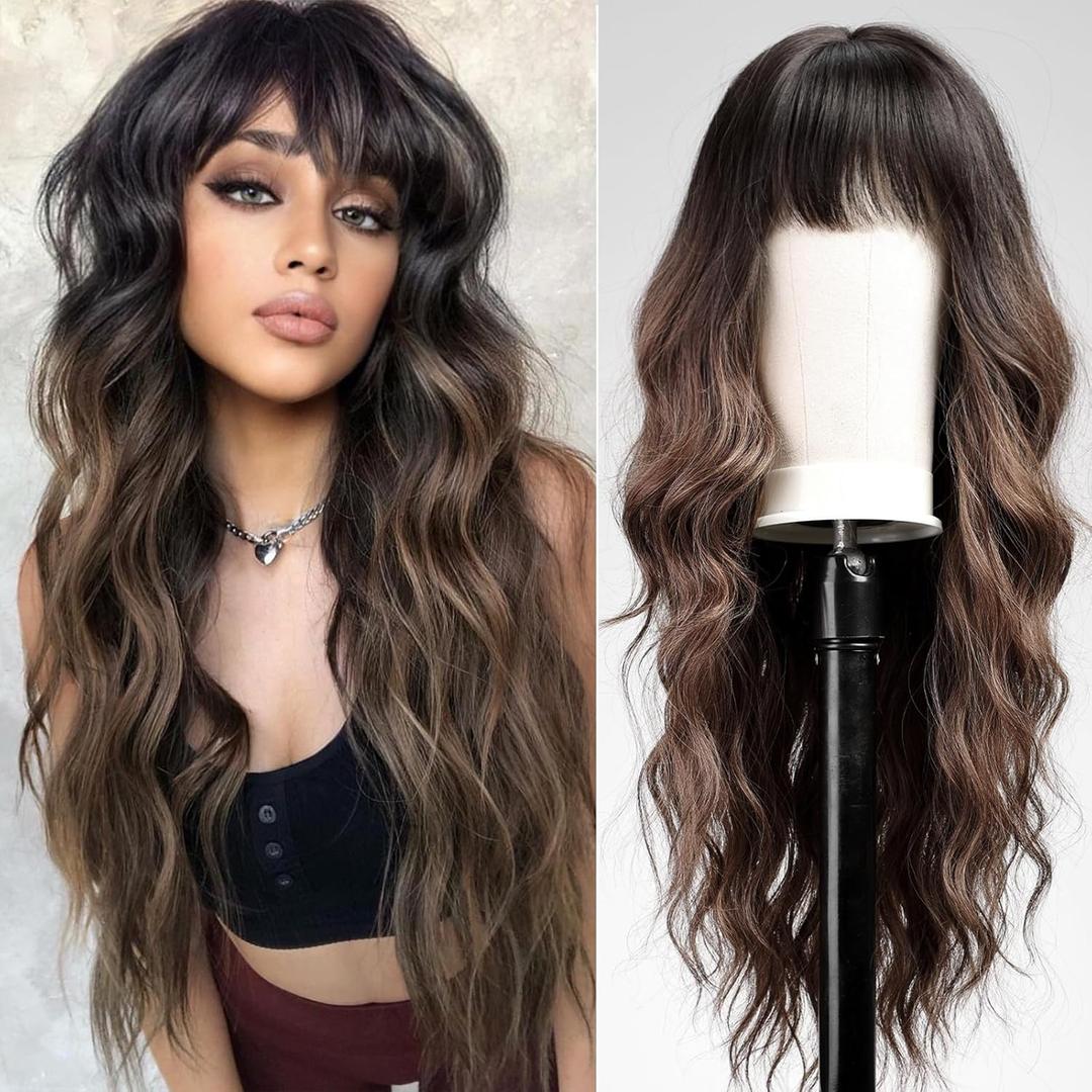 Ombre Brown Wigs with Bangs,Brown Long Wavy Wig for Women,Long Curly Wigs Dark Roots Synthetic Hair Wig for Party Daily Use 24IN