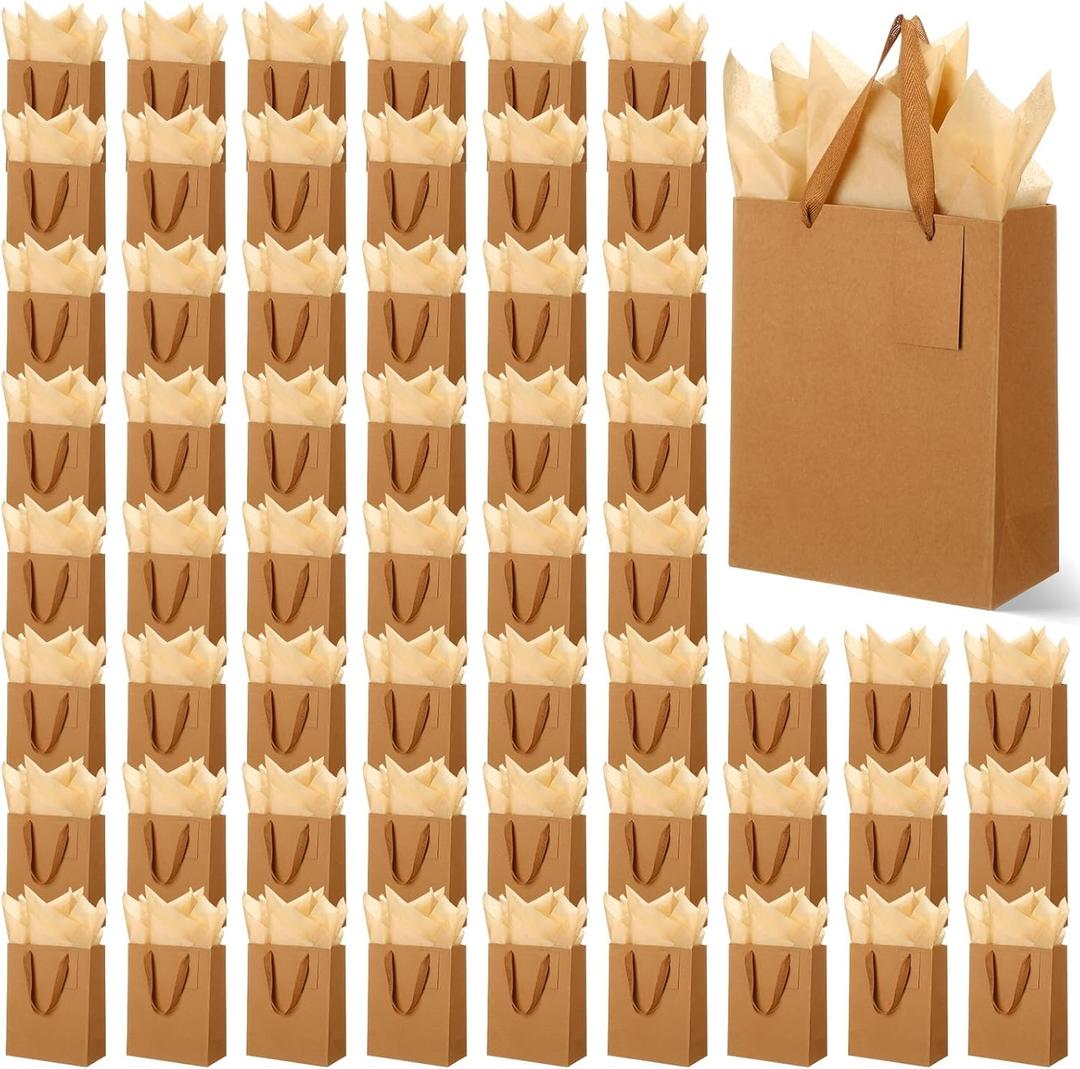 Qilery 50 Pcs Wedding Paper Gift Bags Bulk with Tissue Paper Small Gift Bags with Handle and Tags for Birthday Wedding Mothers' Day Party Business(Brown,7.9 x 3.9 x 9.8'')