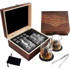 Whiskey Stones Gift Set,Whiskey Glasses Set 8 Granite Chilling Whisky Rocks, 2 Bourbon Glasses,Best Drinking Gifts for Men Dad Husband Birthday Anniversary PresentPlus 2 Free Coasters.