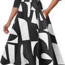 CLOCOR Women's Casual Midi Dresses A Line 3/ 4 Sleeve Crew Neck Tea Party Church Fit and Flare Dress with Pockets Black White XL
