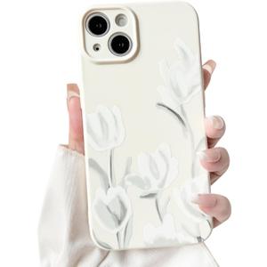 NITITOP Compatible with iPhone 13 Case Cute Flower Floral Tulip Pattern for Women Girls Trendy Slim Fit TPU Bumper Silicone Shockproof Full Camera Protection Cover - White