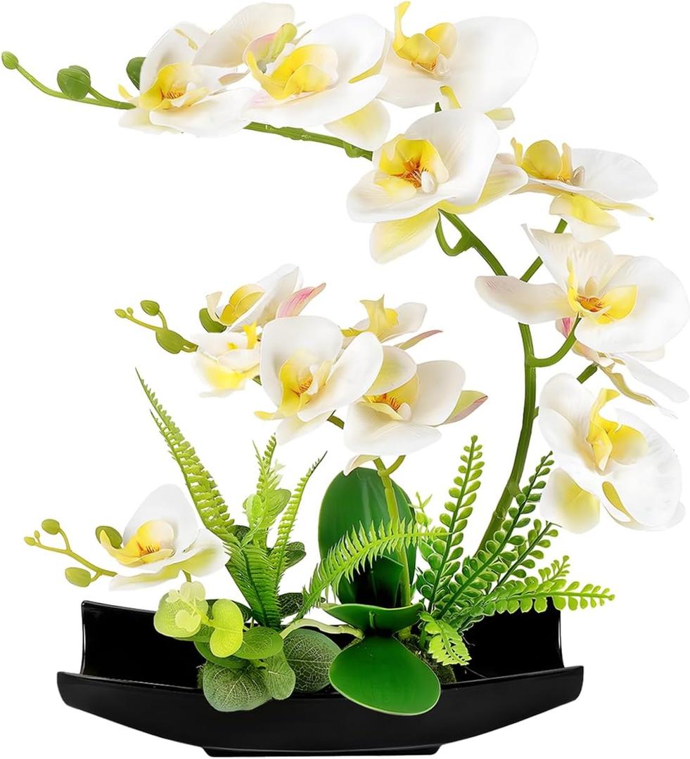 YOBANSA Decorative Real Touch Silk Orchid Bonsai Artificial Flowers with Flower Pots, Artificial Phalaenopsis Fake Flowers Arrangements for Home Decoration (White, Black vase)