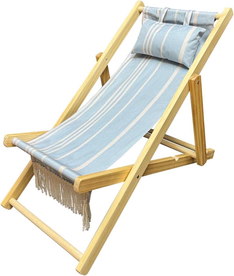 Childrens Vintage Sun Lounger Sling Chair | Wooden Frame with Canvas Fabric | Outdoor Folding Deck Chair for Kids Ages 5+ | Portable & Lightweight for Backyard, Poolside, or Beach (Skyline Stripe F)