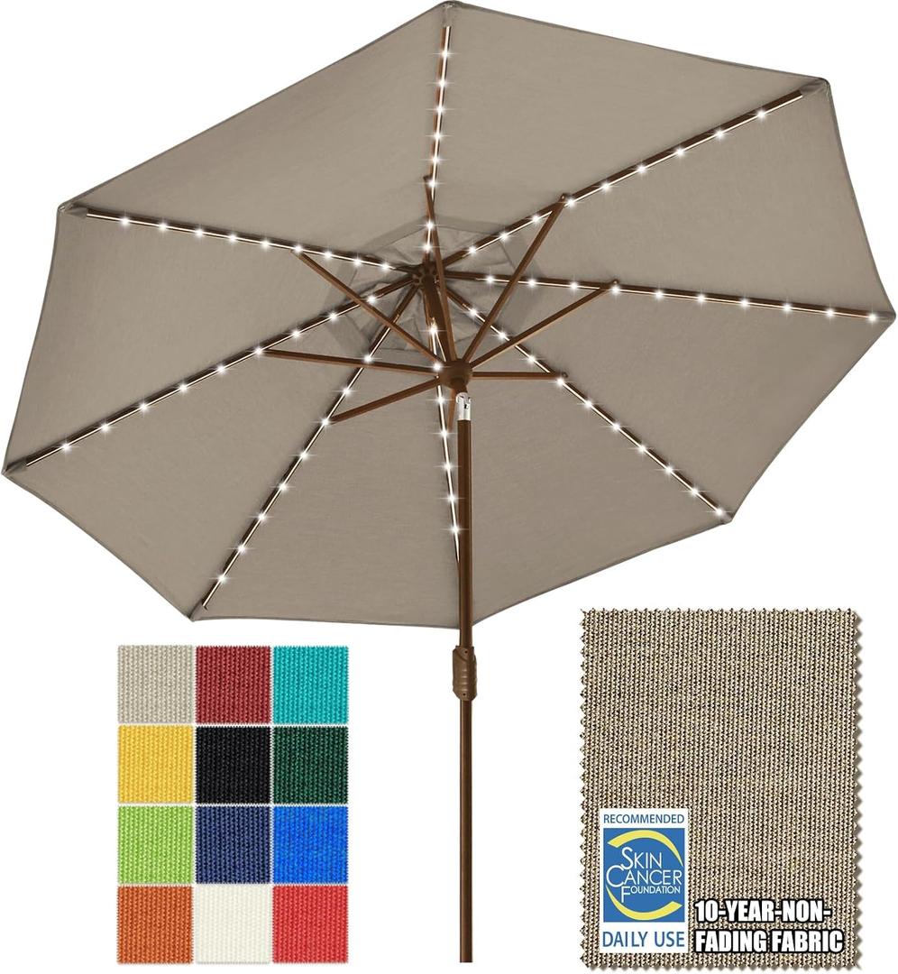EliteShade USA 10-Year-Non-Fading 9ft Market Patio Umbrella, Commercial Grade Table Sun Umbrella with 80 Solar LED Lights, Crank Open, Windproof & UPF 50+ UV Protection for Garden, Deck, Pool, Backyard, Mushroom