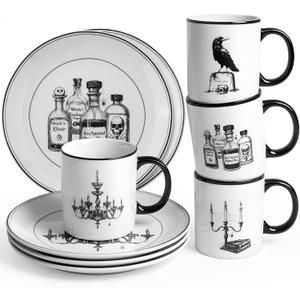 8 Pcs Halloween Dinnerware Set 8'' Vintage Halloween Plates and 11 oz Mugs Ceramics Vintage Dessert Plates and Coffee Mug Gothic Dinnerware for Indoor Outdoor Use Dinner Gift