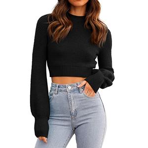 GeGekoko Womens Mock Neck Knit Cropped Sweaters Puff Sleeve Trendy Fall Ribbed Pullover Black, Large