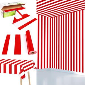 Red and White Striped Tablecloth Roll 52 in x 100 Ft with Slide Cutter Circus Carnival Party Supplies Christmas Plastic Picnic Party Table Cover for Indoor Outdoor Events Family Banquet Parties