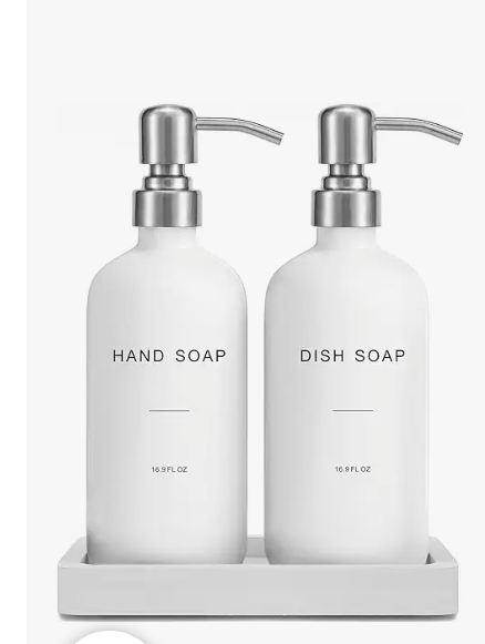 Prus Waso White Soap Dispenser for Kitchen Sink, Dish and Hand Soap Dispenser with Silver Stainless Steel Pump, Perfect for Kitchen Decor and Accessories. (Silver & White)