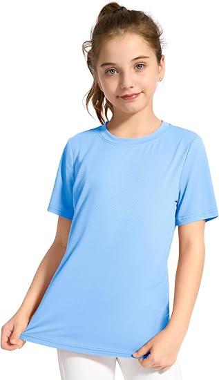KEREDA Girls Athletic Shirts Quick Dry Short Sleeve Crew Neck T Shirt, Summer UPF 50+ Tee Tops for Teen Girls (13-14 Years, Blue), 160
