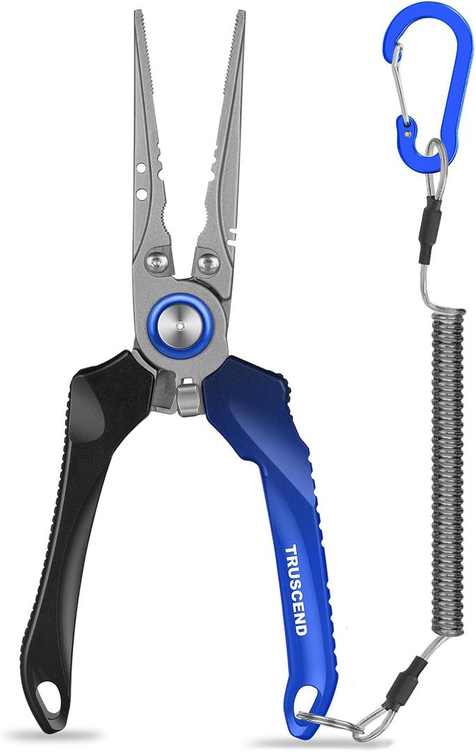 TRUSCEND Lockable Handy Fishing Pliers with Innovative Ergonomic Handle, Saltwater Corrosion Resistant Teflon Coated Fishing Tool, Multi-Function Fishing Gear with Mo-V Cutter (B-straight Nose-blue)