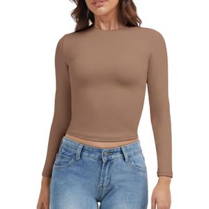 VIMPEP Women's Double Lined Long Sleeve T Shirts Crew Neck Slim Fit y2k Sexy Tops Basic Outfits for Workout Undershirts (Brown, S)
