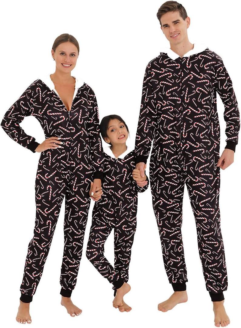 YEAXLUD Matching Family Pajamas Christmas Onesie Jumpsuit Zipper Soft PJ's Cute One Piece Printed Xmas Sleepwear (12-14 Years)