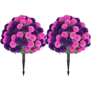 BLOSMON Fake Outdoor Mums Flowers with Stakes, Set of 2, Pink Purple