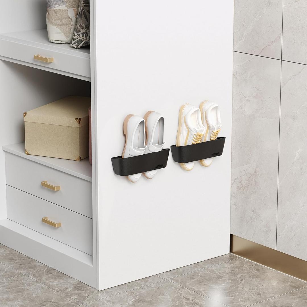 2PCS Wall Mounted Shoe Rack with Sticky Hanging Strips, No Drilling Wall Shoe Rack, Space Saving Shoe Stand, Hanging Shoe Organizer for RV/Door/Camper - Black