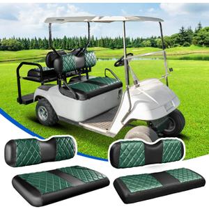 4PCS Golf Cart Diamond Seat Covers Kit, Front&Rear Seat Covers Fits EZGO TXT 1994-2013/EZGO RXV Standard Seat Cushion, EZGO Vinyl Seat Cover Accessories, No Staples (Dark Green&Black)