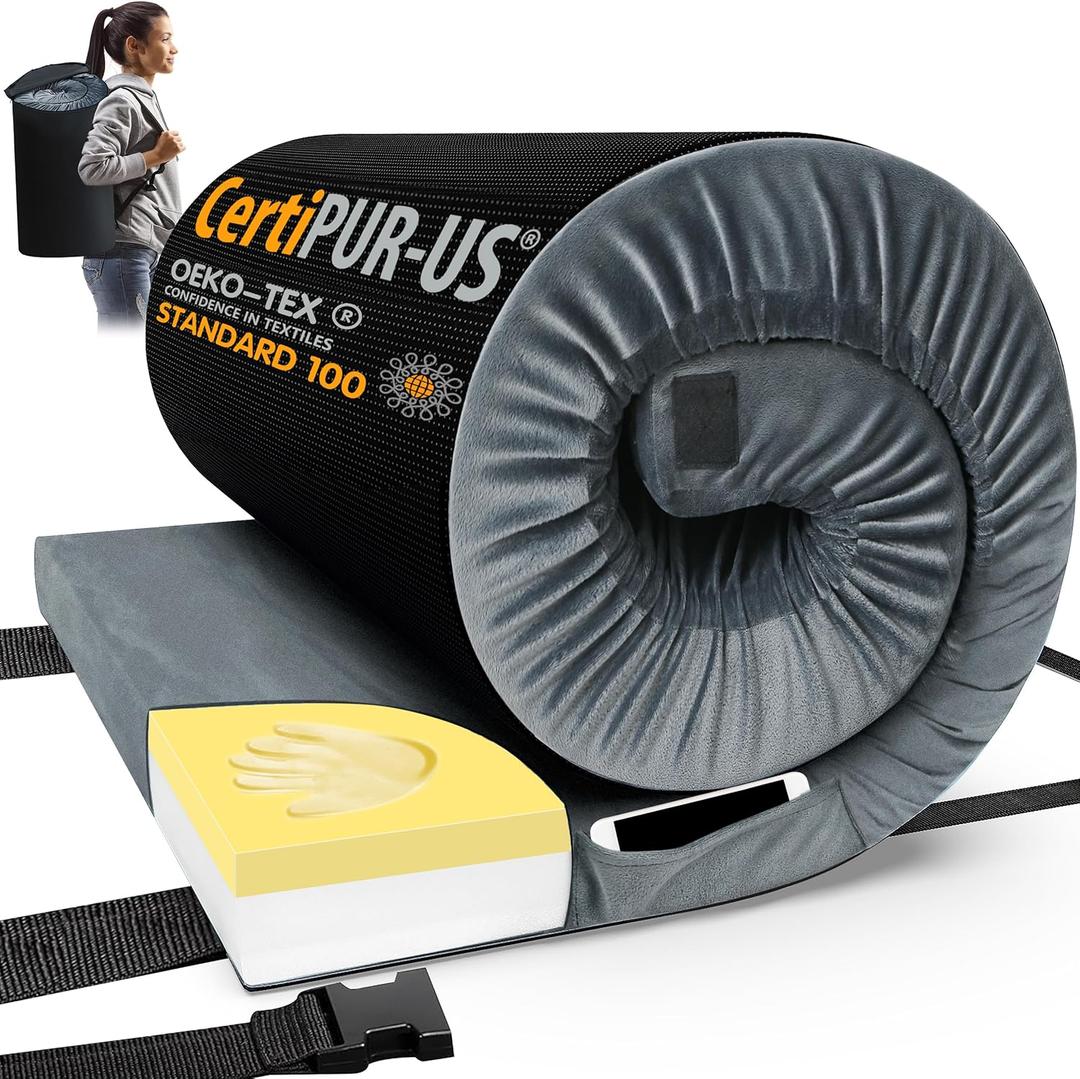 CYMULA Memory Foam Camping Mattress Pad, CertiPUR-US Sleeping Mat, Portable Roll Up Mattress for Adults, Camping Bed Pads for Sleepover, Car Bed with Travel Bag (Twin XL-80x38x3 IN, Grey)