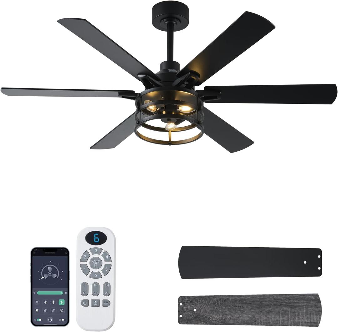 52 Inch Farmhouse Ceiling Fan with Light and Remote, Black Industrial Caged Rustic Ceiling Fan with 6 Speed Reversible Motor and Dual Finish 6 Blades, Rustic Ceiling Fan for Living