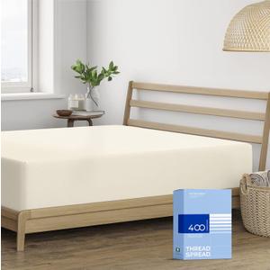 Thread Spread 100% Cotton Fitted Sheet King Size - 400 Thread Count Fitted Sheet King Cotton Only, Luxuriously Soft, Durable, Cooling 16" Deep Pocket Sateen Weave Bottom, Luxury Hotel Quality - Ivory
