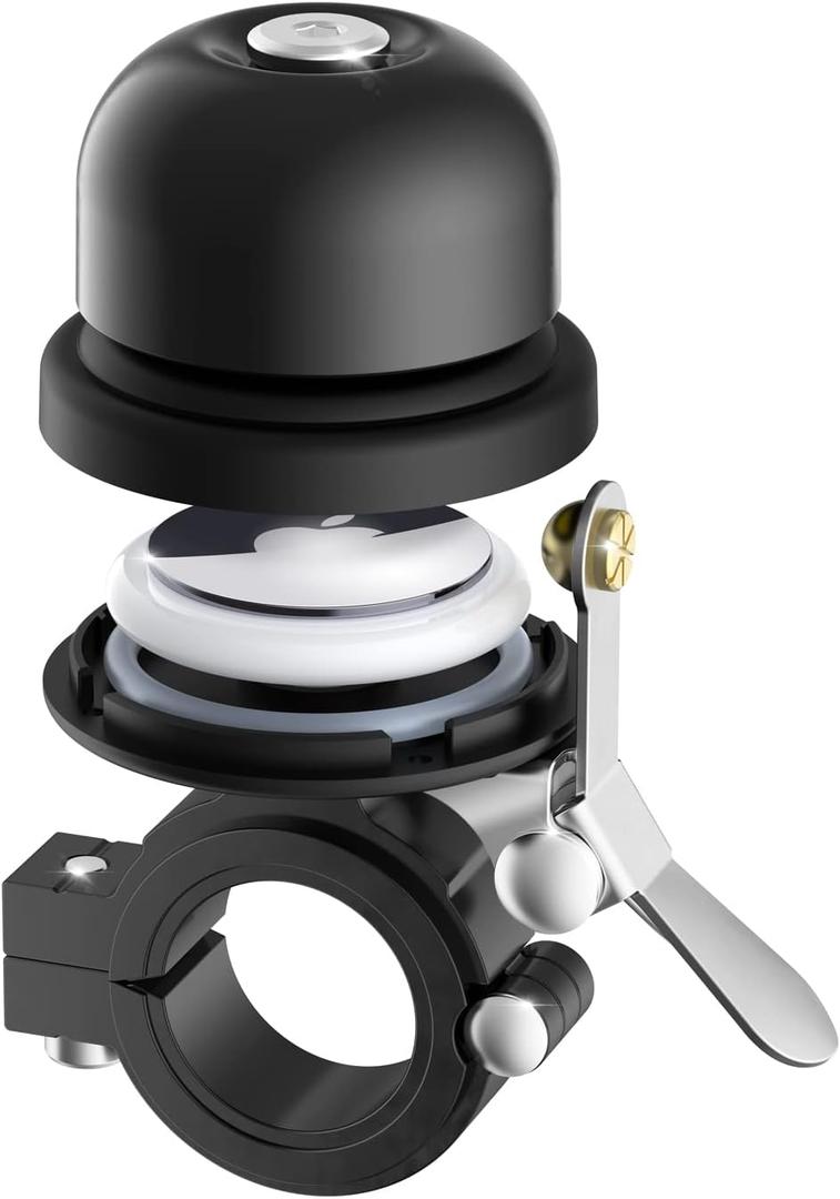 Bicycle Bell for Apple AirTag, Stouchi AirTag Bike Mount GPS Tracker Waterproof Classic Brass Holder Hides Air Tag Under Bike Bell Anti-Theft 2 Sizes for Choice (1.13~1.25", Black-1P)