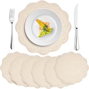 Upgraded 6PCS 15-Inch Extra Large Placemats-Large Size for Wide Coverage, Quilted Placemats Set of 6,100% Cotton with Microfiber Filling, Thick &Washable, Perfect for Dining & Holiday Gatherings,Flax