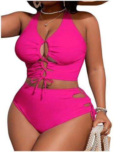 SOLY HUX Women's Plus Size Bikini Set Sexy Swimsuit Lace Up Tummy Control 2 Piece Bathing Suit, Size 2XL