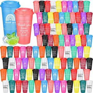Skylety Thank You Gifts 16 oz Coffee Cups Bulk Employee Appreciation Gift Inspirational Tumbler with Lid Reusable Plastic Coffee Cup for Coworker Staff Women Teacher (Classic Colors,96 Pcs)