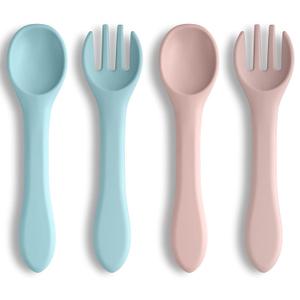 Vicloon Silicone Baby Feeding Spoons, 4PCS First Stage Feeding Spoons for Infants, Baby Led Weaning Feeding Supplies Training Spoon, Toddler Utensils, Ultra-Durable & Chewproof, Dishwasher Safe (Blue pink spoon and fork)