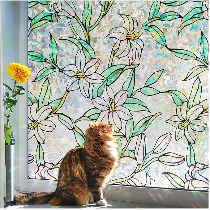 Coavas Window Privacy Film, Heat Control Sun Blocking Rainbow Stained Glass Window Film, Floral Design Static Cling, Non Adhesive Windows Tint for Bathroom Front Door, 35.4" x 118.1" 