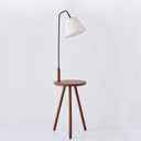 Fiqevs Wood Tripod Floor Lamp with Shelf & LED Bulbs, Mid-Century Modern Standing Lamp with Wooden Shelf & Linen Shade for Living Room, Bedroom, Office