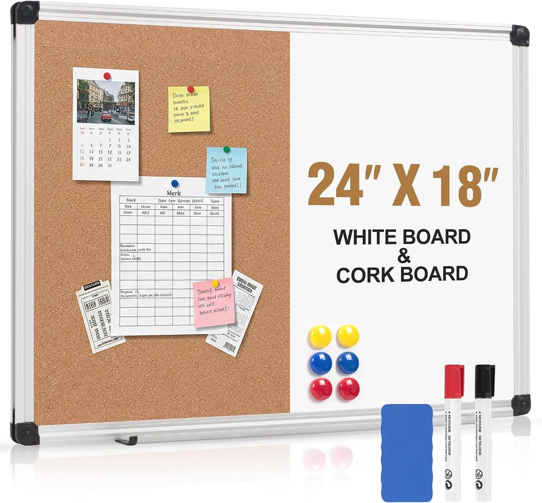 White Board and Cork Board Combo 24" x 18" Aluminum Frame