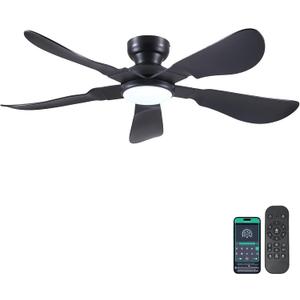 Kviflon 52 Inch Modern Ceiling Fans with Lights, Flush Mount Ceiling Fan with Light and Remote/APP Control, 5 Reversible 6 Speeds Curved Blades, 3 CCT Dimmable Lights for Bedroom, Black