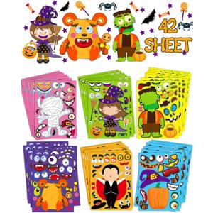 42 Sheets Halloween Party Favors Stickers for Kids, Halloween Crafts Make Your Own Stickers, Goodie Bag Fillers Toys Gifts Activities Games for Kids Party