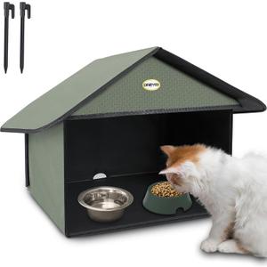 Dreyoo Outdoor Cat Feeding Station for Food & Water, Weatherproof Outdoor Kitty Dining Room Cat Shelter for Stray, Feral Cats and Community Cats, 13d x 17w x 15.5'h (1 Pack,Dark Green)