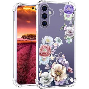 Compatible with Samsung Galaxy S24+ Plus & S25+ Plus Case Designer Cute Clear for Women,Cool Transparent Silicone Phone Cases Cover - Gold Luxury Rose Flowers