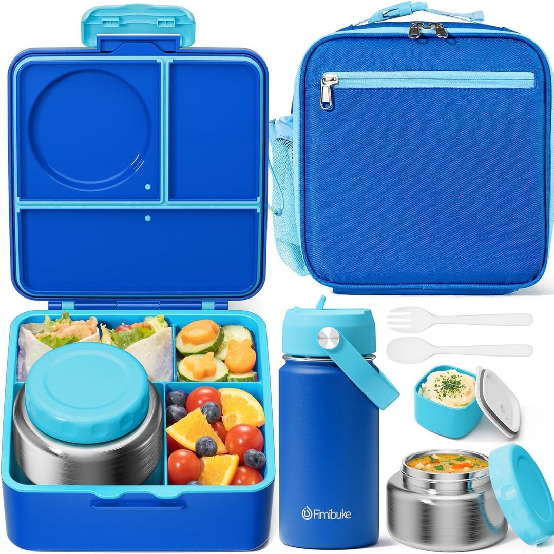 Fimibuke Bento Box for Kids Adult - Leakproof 3-4 Compartments Lunch Bento Box Set with Insulated Thermos Food Jar, Water Bottle, Lunch Bag, Sauce Cup & Cutlery for Toddler Teen Shcool Girl Boy Age 3+ (A1.Mermaids)