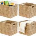 Rectangular Storage Baskets 13x11in, 4 Pack Water Hyacinth Wicker Bins with Handles, Foldable Natural Organizer for Shelves Kitchen Closet, Handwoven Storage Cubes