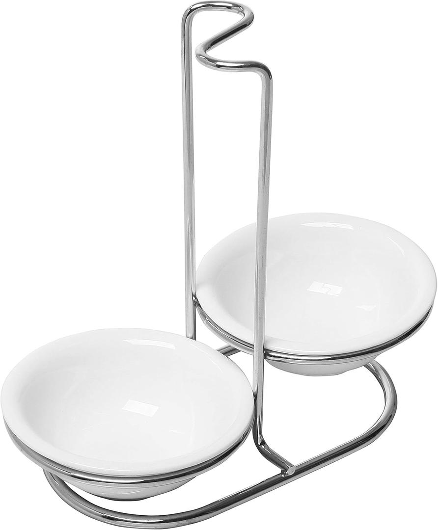 MyGift Set of 2 Ceramic Spoon Rest, Upright Ladle Holder Ceramic Dish with Silver Stainless Steel Rack (Double)